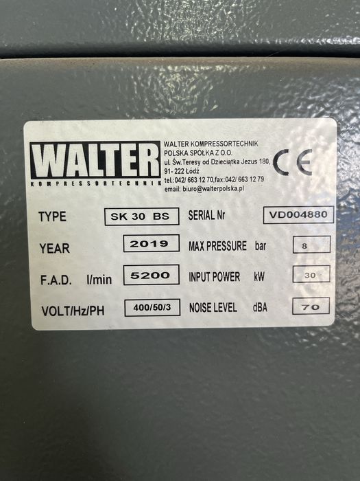 Kompresor śrubowy WALTER SK S – 30 kW, 5,2 m³/min, 8 bar