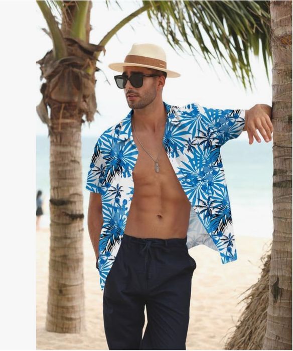 Męska koszula hawajska, biało niebieska, rozmiar L, MEILICLOTH