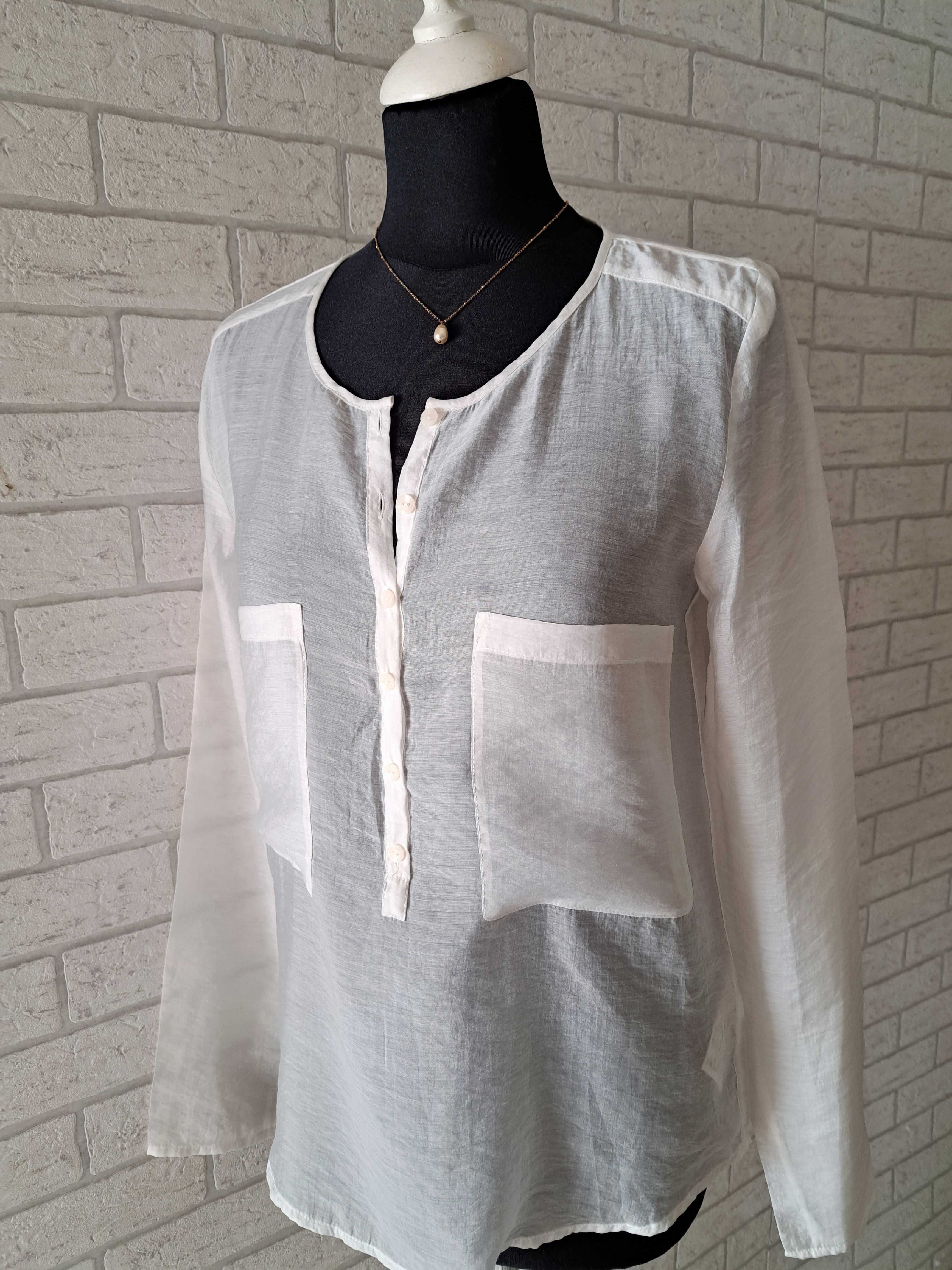 Nowa biała koszula oversize, z dwiema kieszeniami, naturalny skład S/M