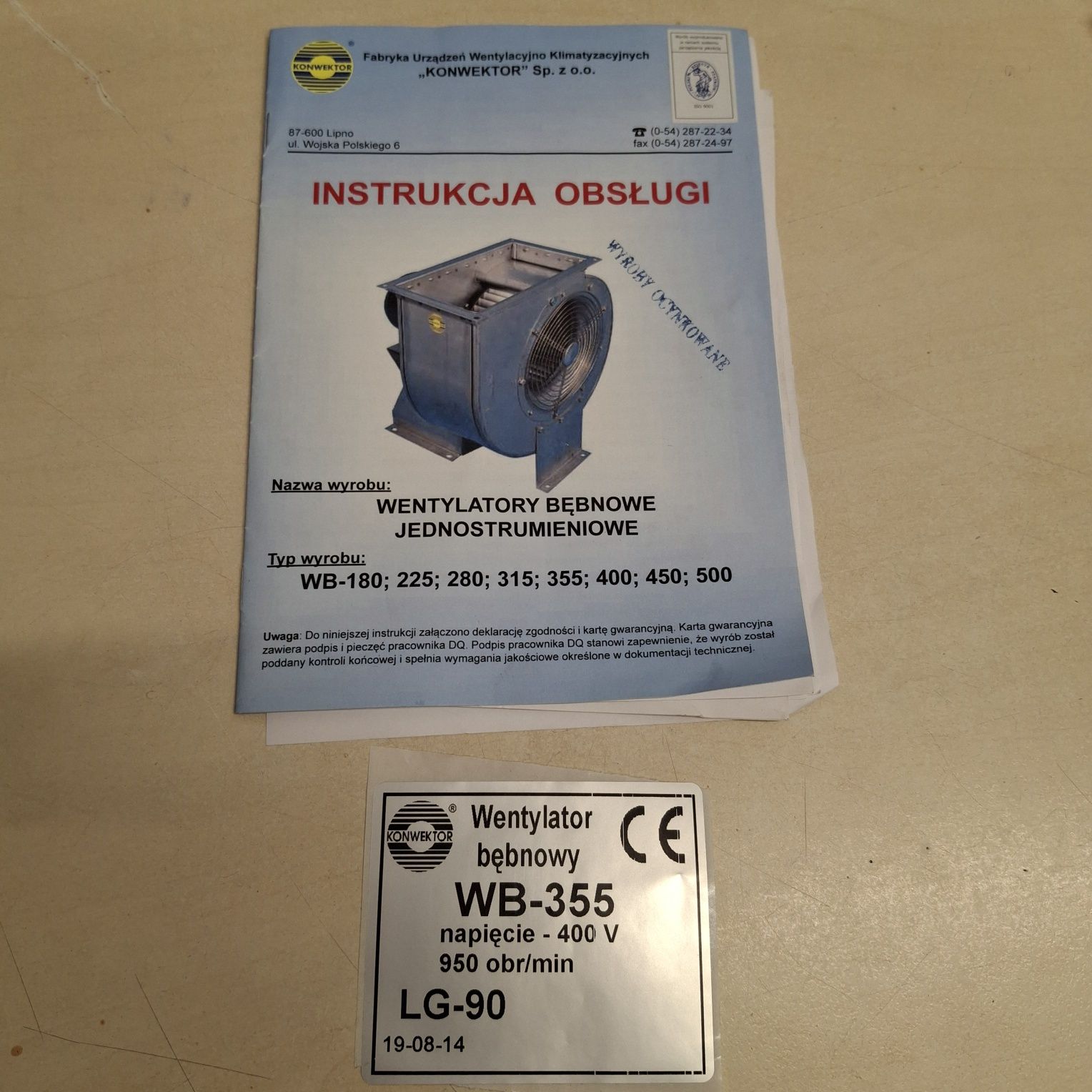 Wentylator bębnowy WB-355 Napięcie 400v 950 obr/min