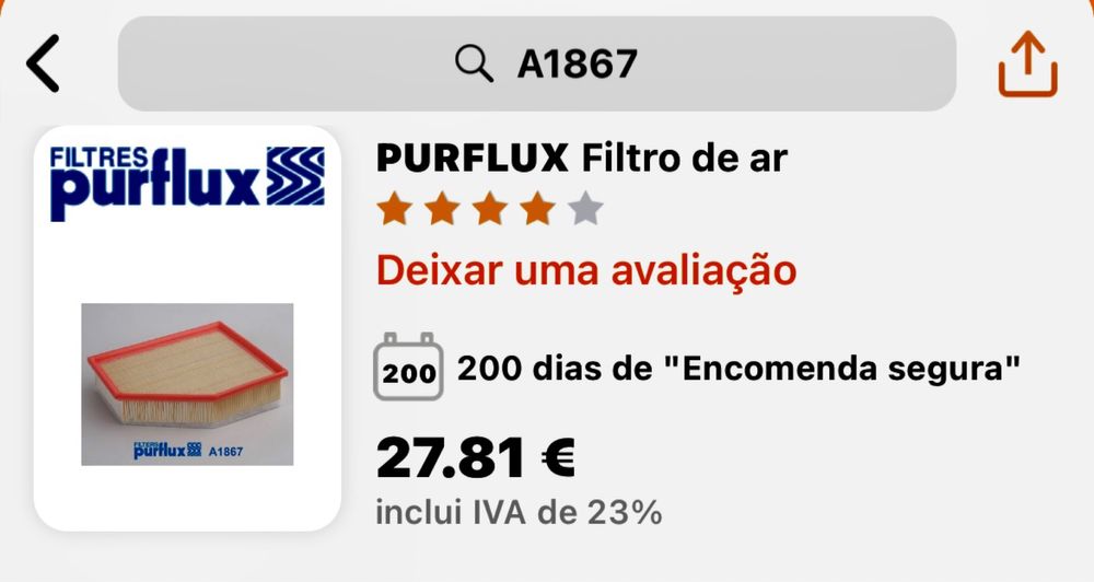 Filtro de Ar Purflux BMW