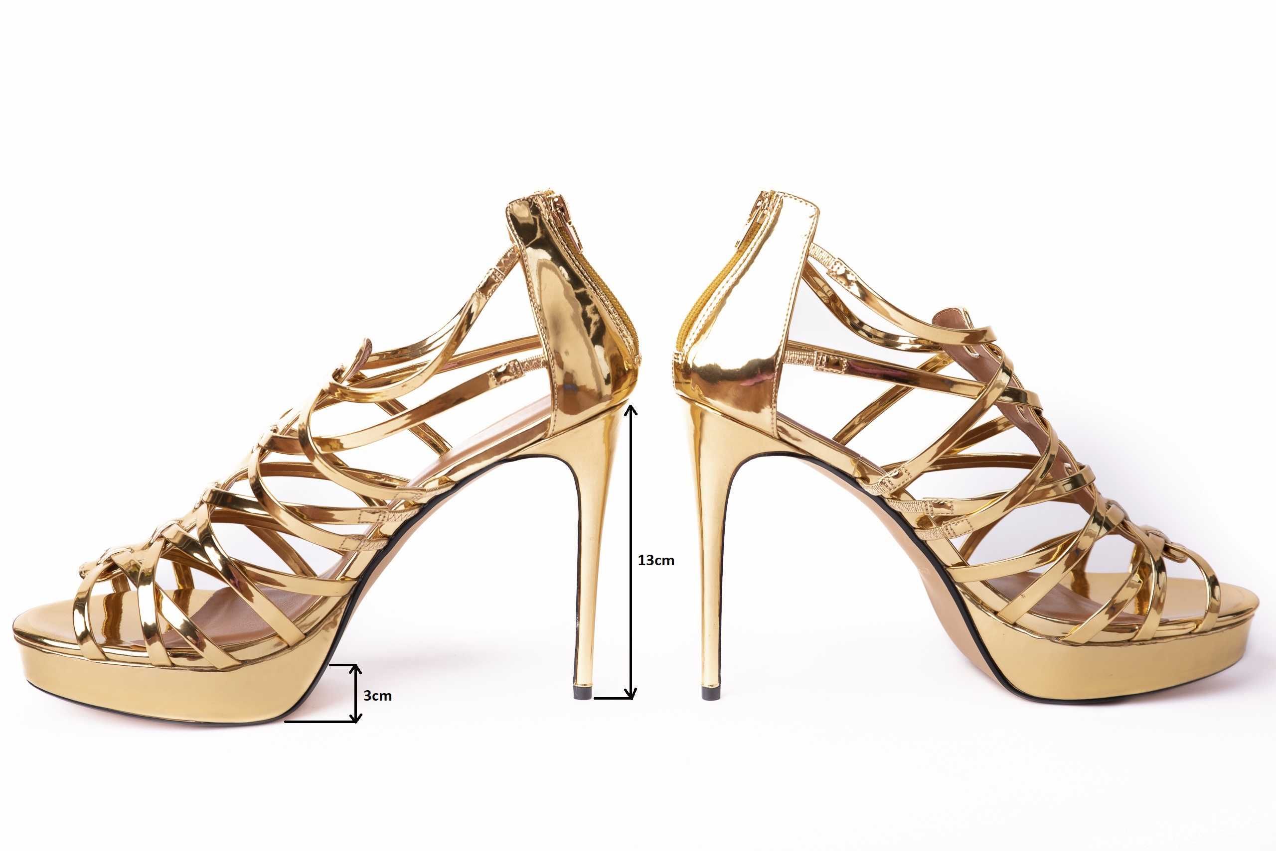 Buty złote wysokie erotyczne na obcasie szpilki 44 paski