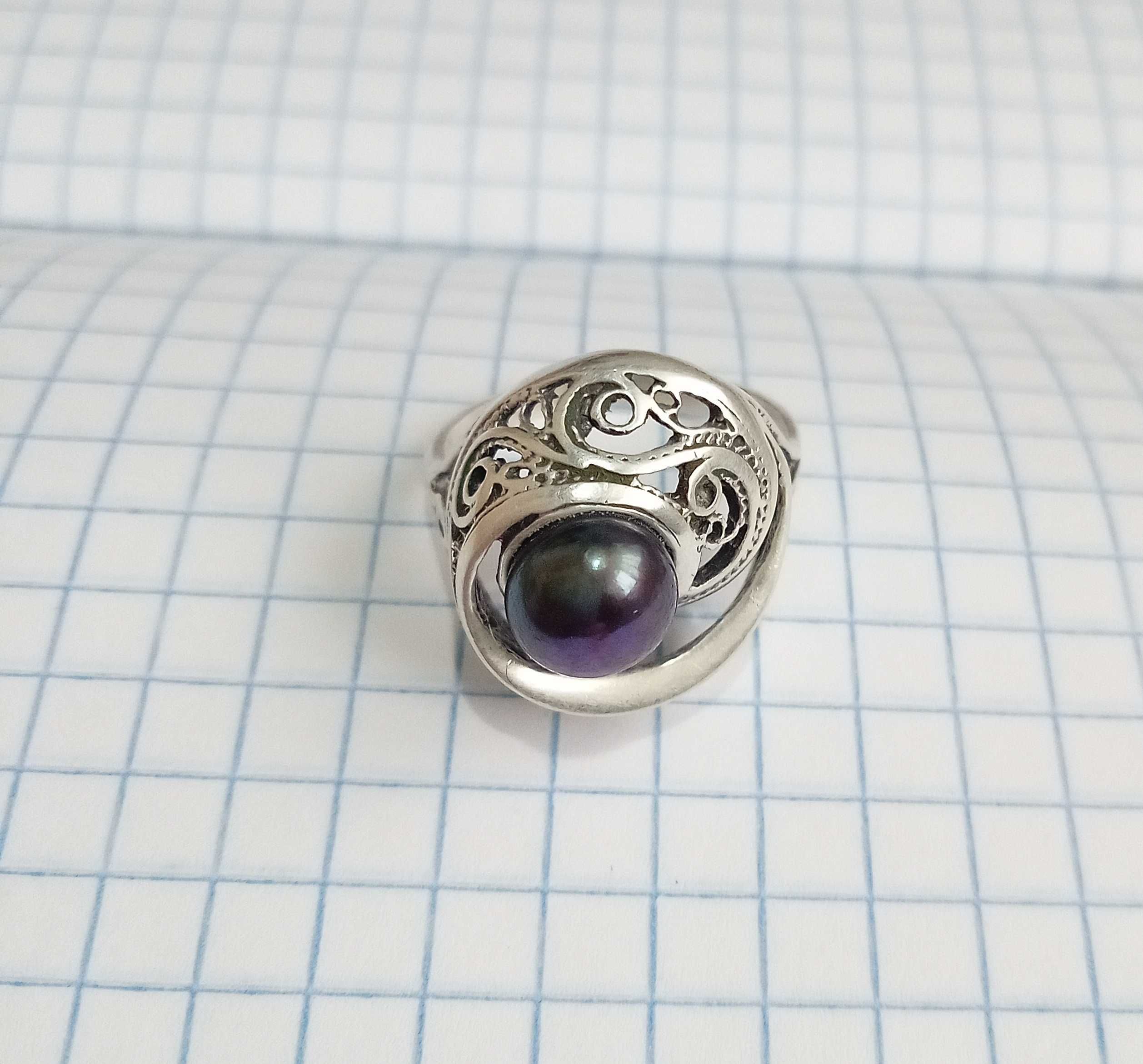 Кольцо перстень натуральный Жемчуг серебро 925 проба, 18 размер