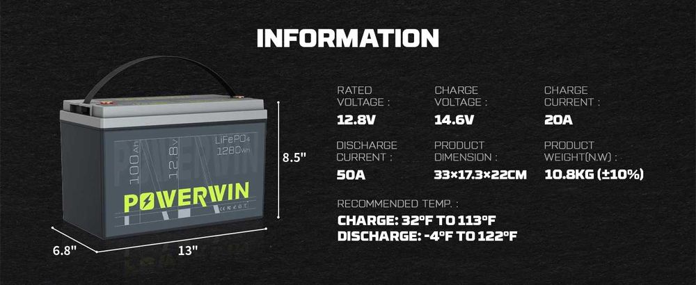 Акумулятор Powerwin BT100 12V, 100Ah, 1280Wh BMS, 4000+ циклів