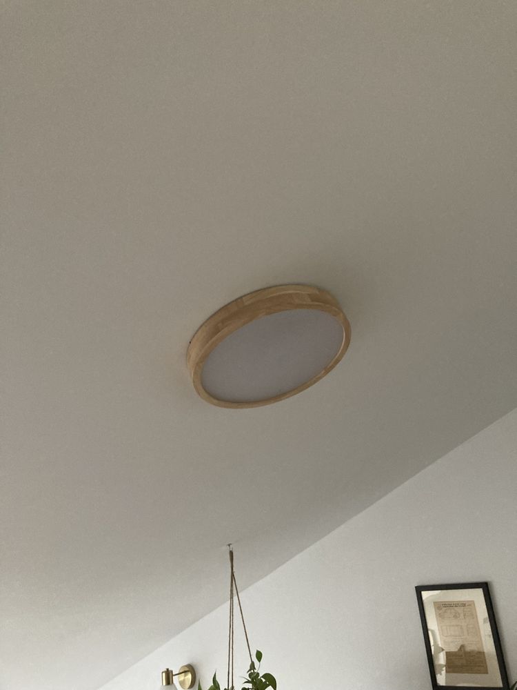 Lampa nowoczesna 40cm cienka sufitowa plafon LED drewno