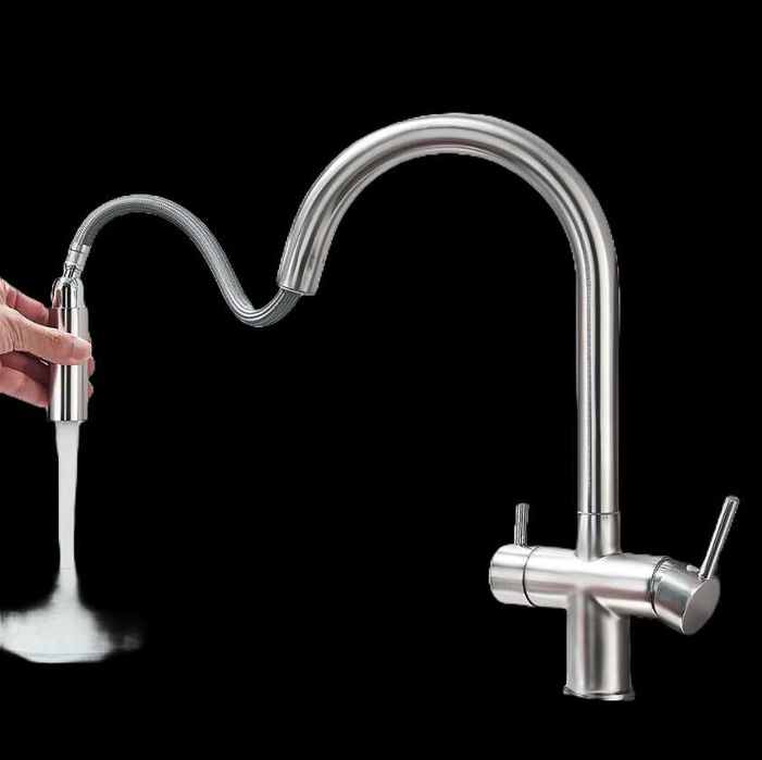 Bateria stojąca z filtrem oraz wyciąganą wylewką |szara/srebrna/nikiel