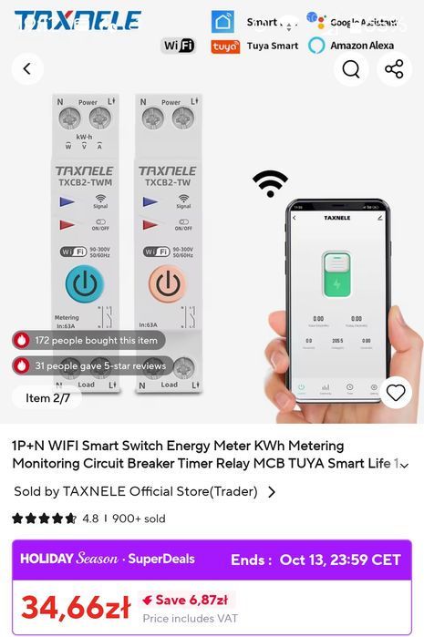 Licznik energii elektrycznej wifi Tuya, miernik