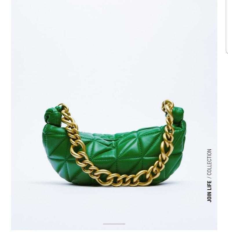 Новая зеленая кожаная стеганая сумка ZARA на цепи (ОРИГИНАЛ)