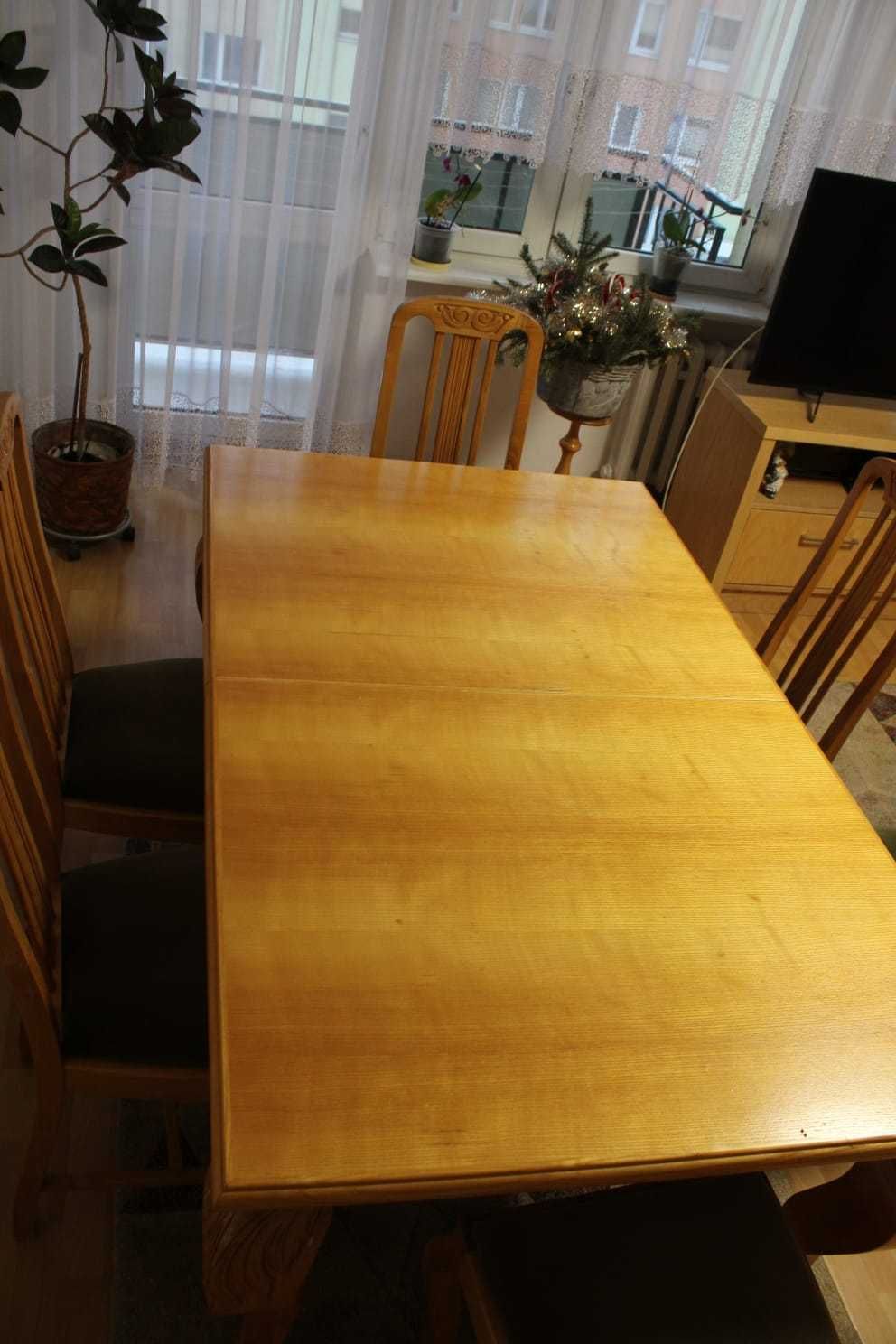 Stół drewniany 165x100, rozkładany + 6 krzeseł