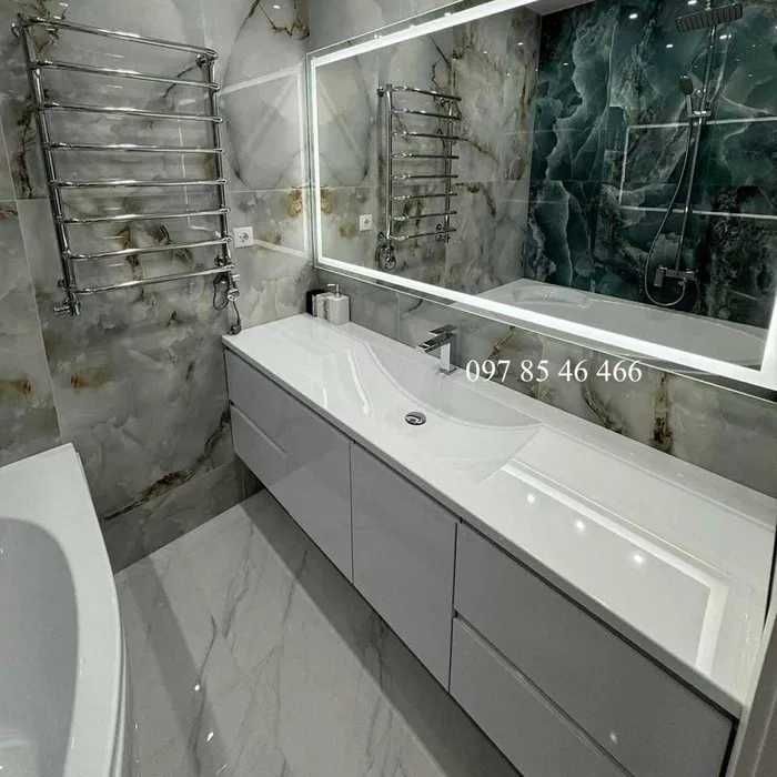 Суцільновилитий умивальник з тумбою та дзеркалом Безкоштовна доставка