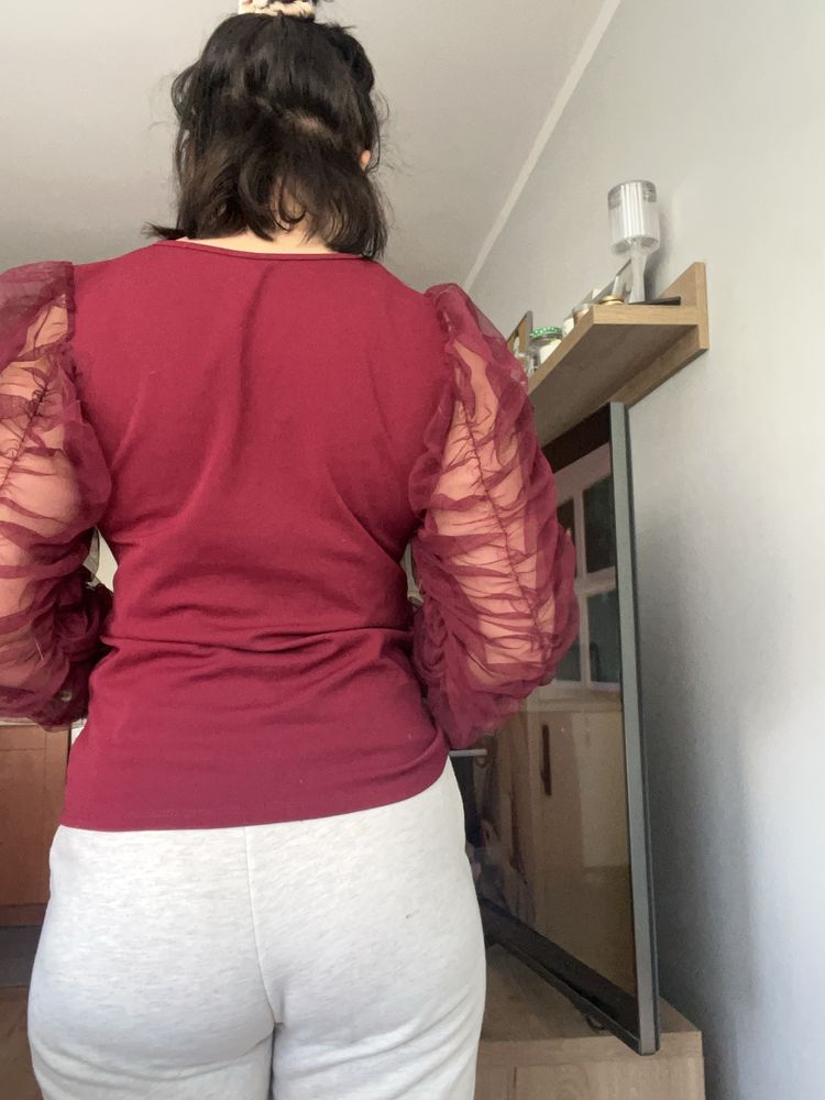 Bluzka bordowa rękawy tiulowe siateczka burgund wino