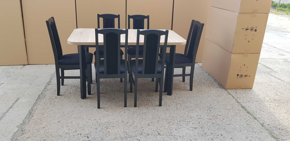 Nowe: STÓŁ 80x140/180 + 6 KRZESEŁ, czarny/blat sonoma + czarny