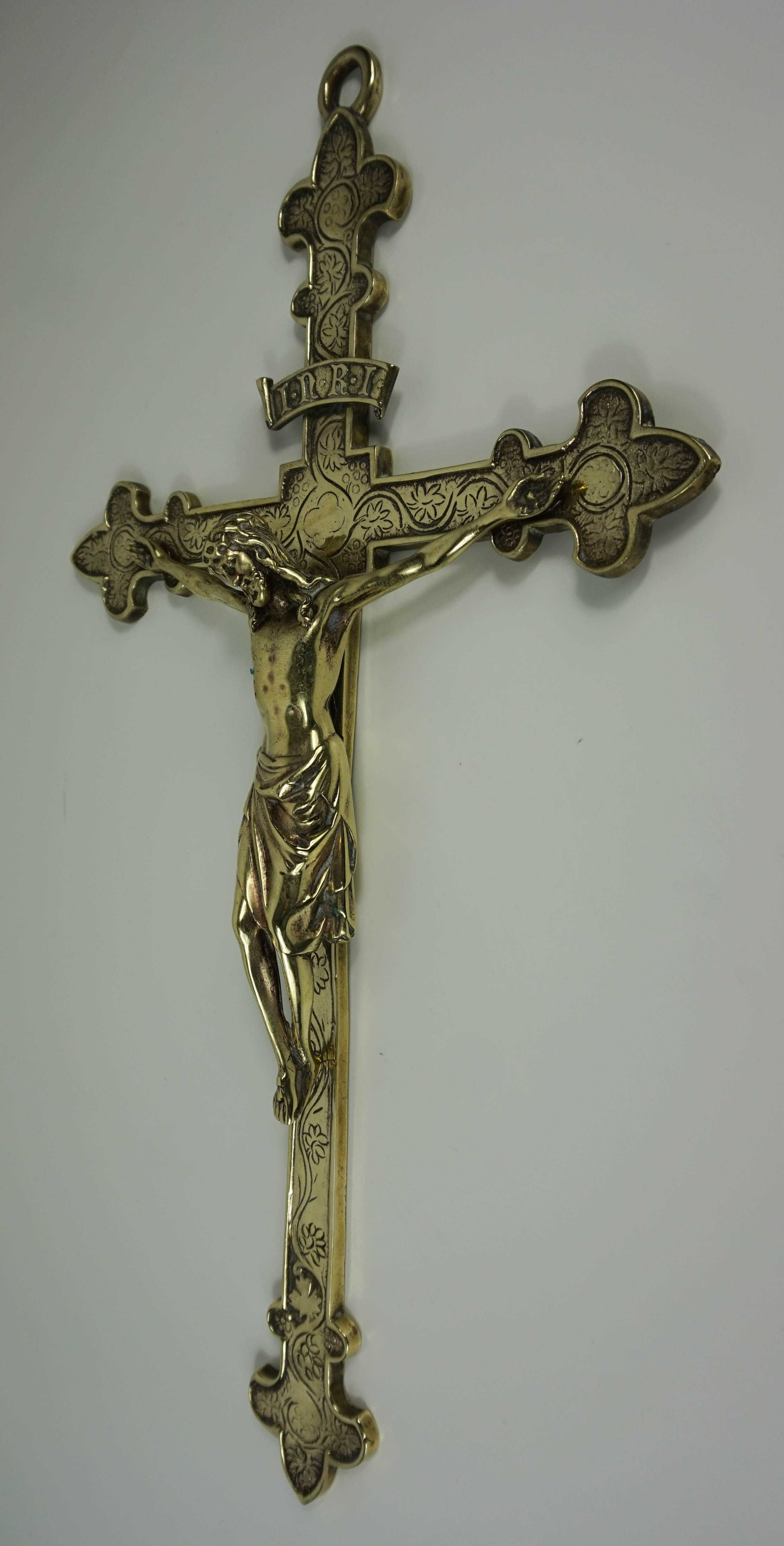 stary wielki ( 50 cm ) stylowy mosiężny krzyż wiszący - Francja