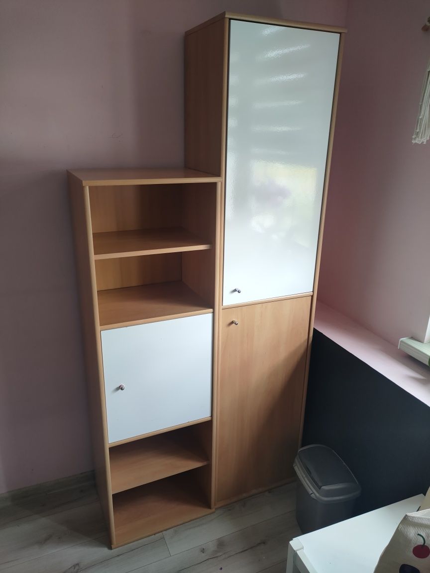 Szafa szafka słupek z półkami biała / dąb dwie części