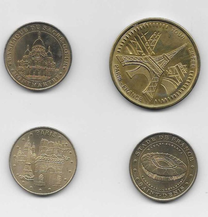 4 Medalhas Souvenir PARIS - Torre Eiffel, Stade France, Notre Dame