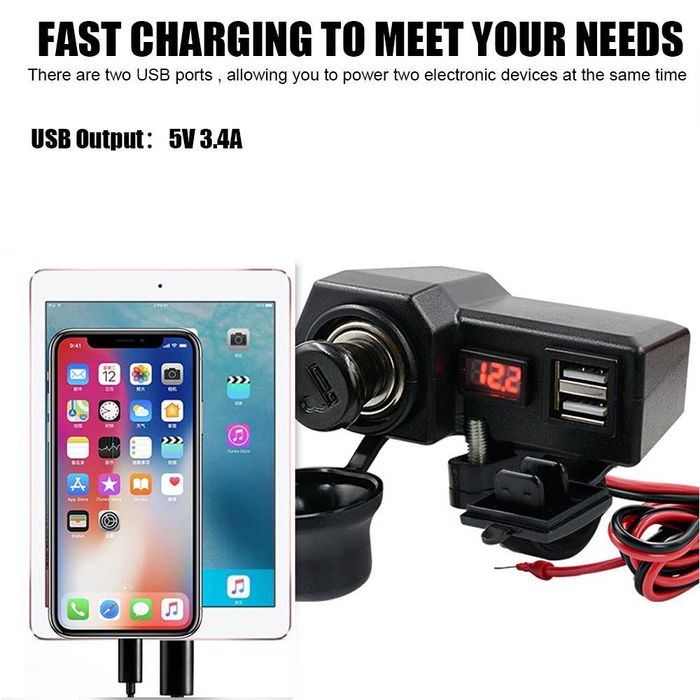 Ładowarka motocyklowa podwójne gniazdo USB z zapalniczką 3,4 A