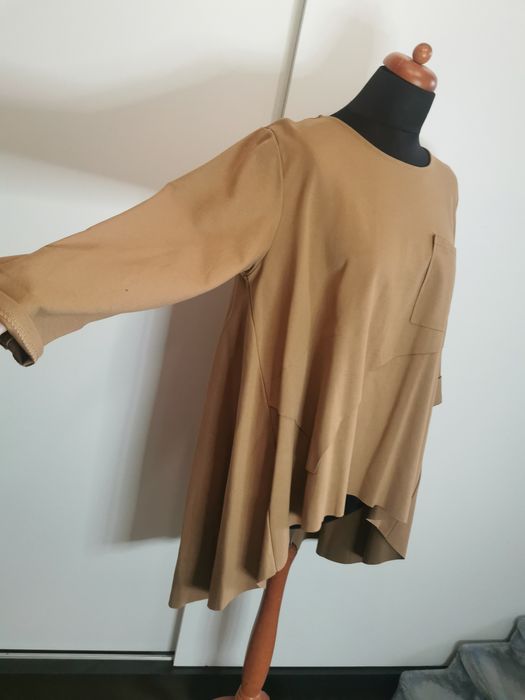 Karmelowa asymetryczna gruba tunika damska oversize plus size