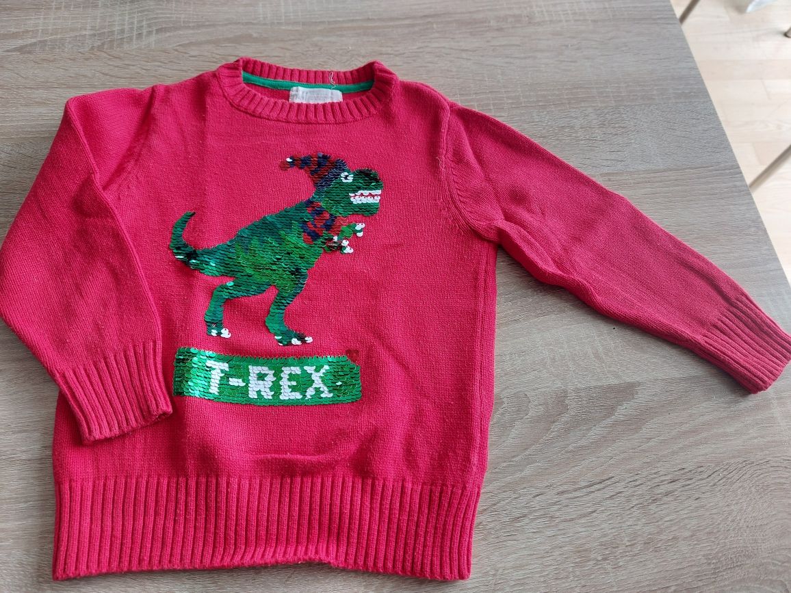 Sweter czerwony H&M z cekinami, dinozaur, 104