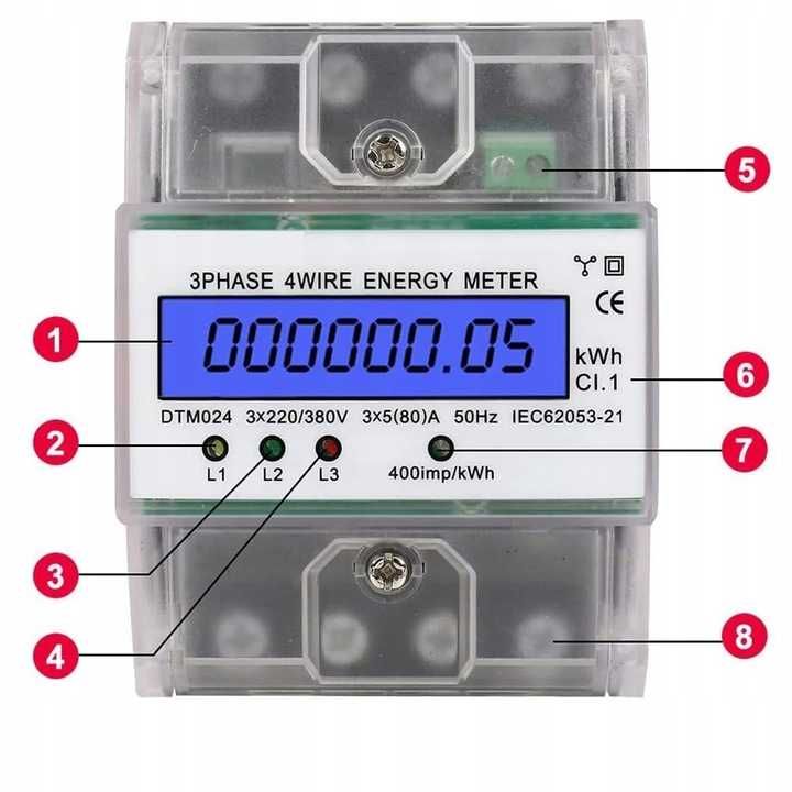 Miernik poboru energii elektrycznej NA SZYNĘ DIN, 3-fazowy.