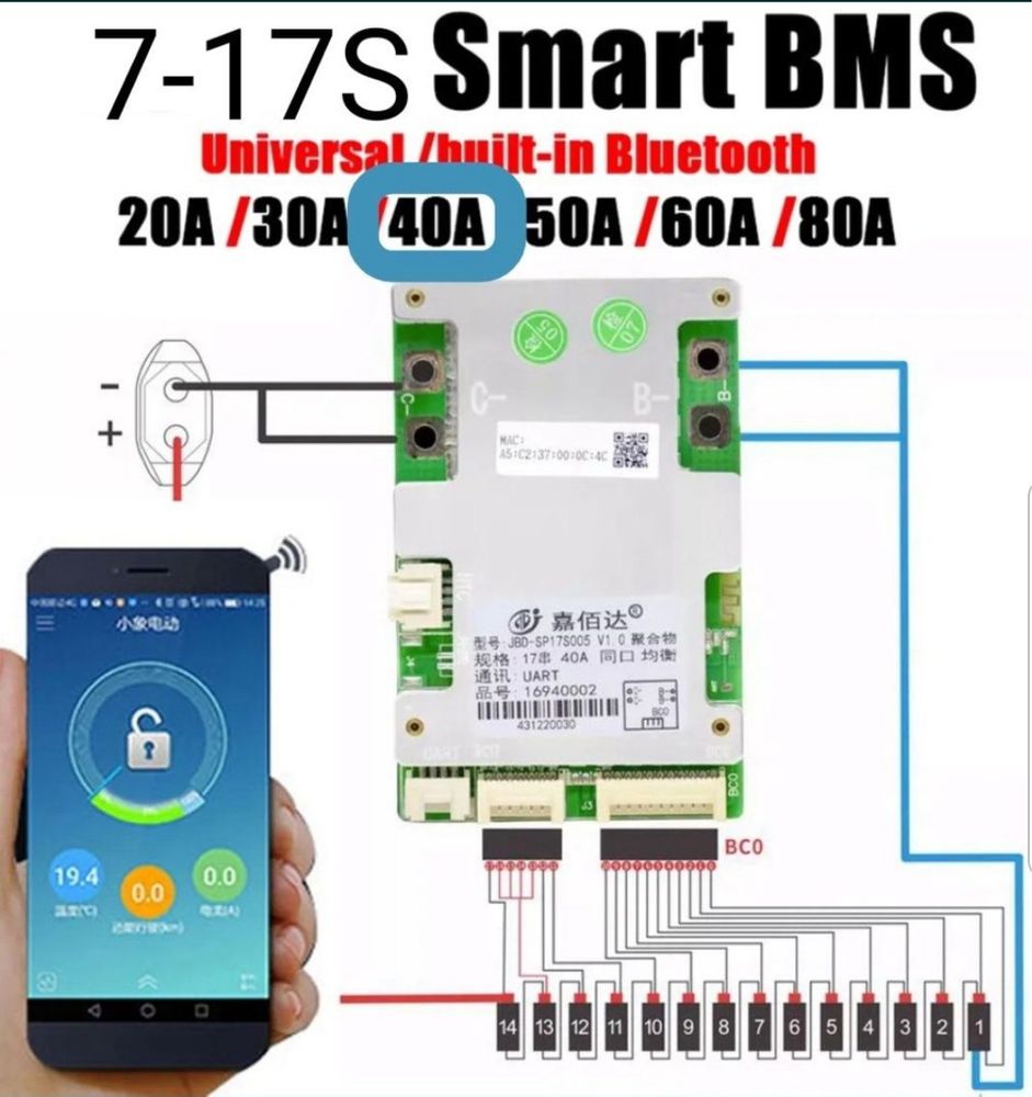 Smart BMS 10-17S 40А (120А пик) Bluetooth