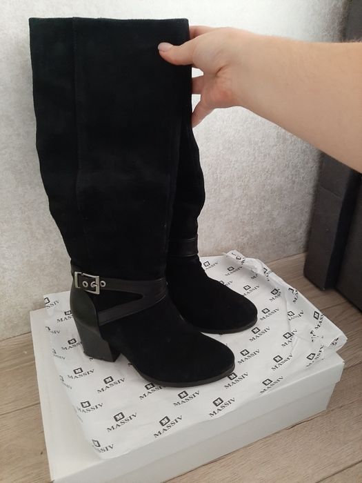 Сапоги  чоботи жіночі на каблуку зимові замшеві шкіряні