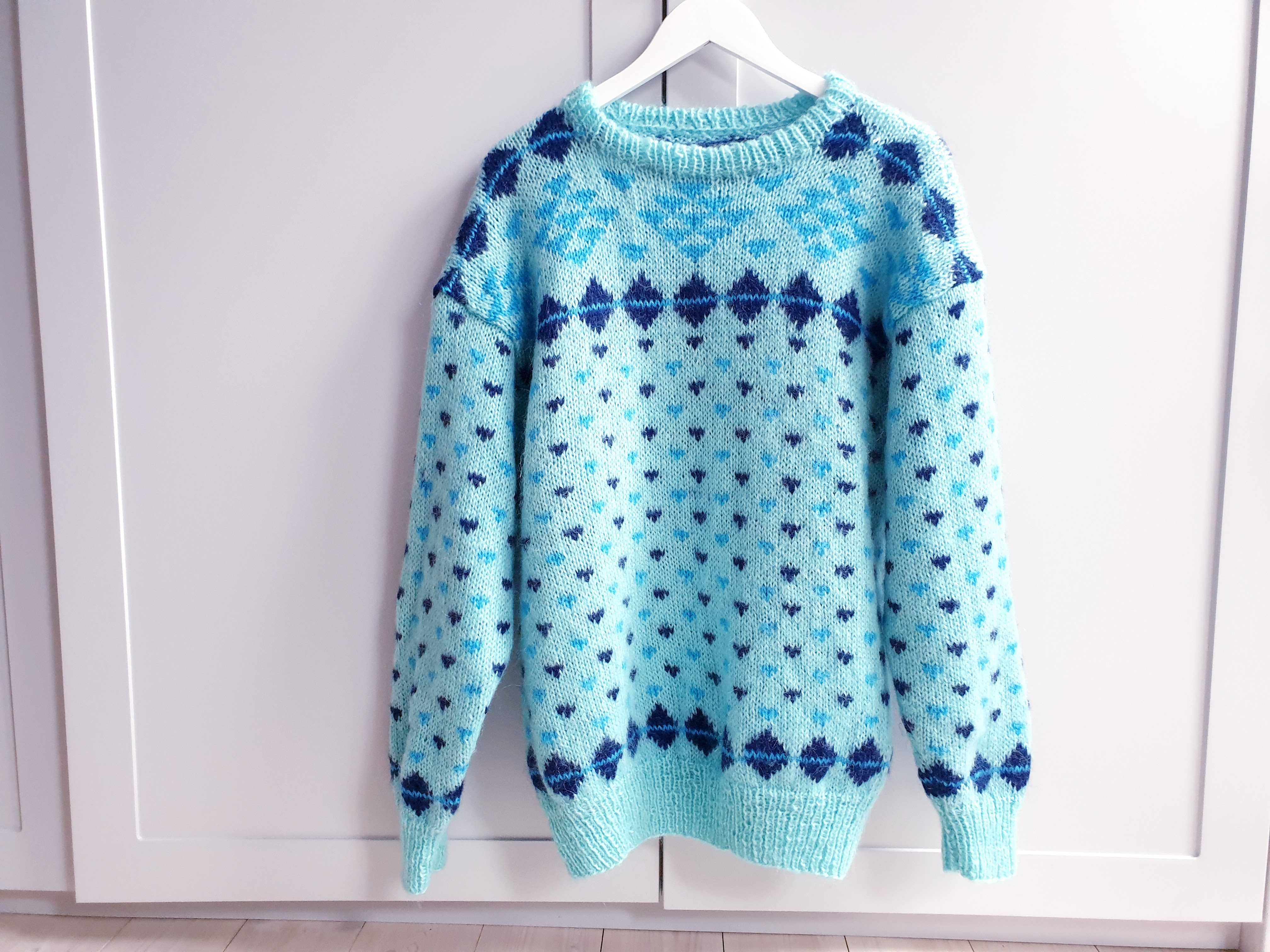 Niebieski turkusowy sweter wełniany moher 40 42 handmade