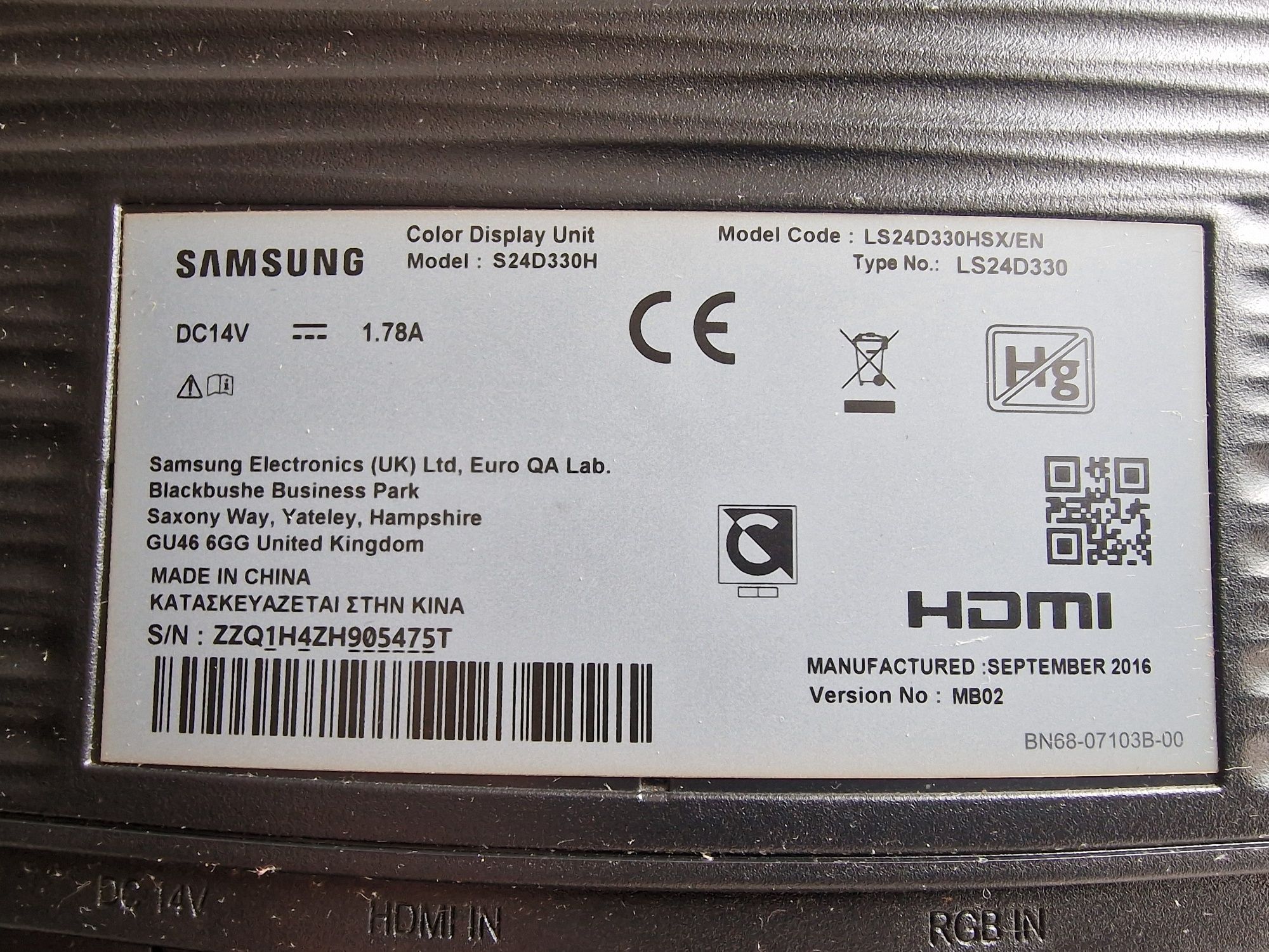 Monitor Samsung 24'' Model: S24D330H