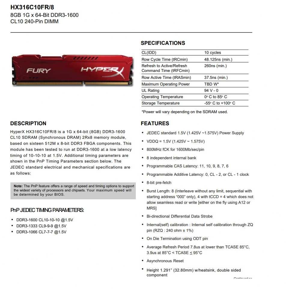 Pamięć RAM HyperX Fury DDR3 8GB 1600MHz CL10 HX316C10FR/8