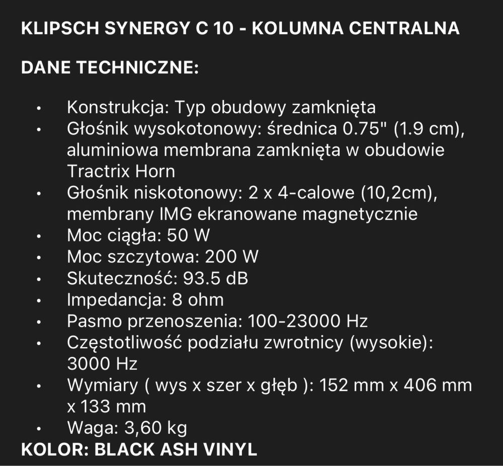 Kolumna centralna Klipsch Synergy II  plus dwie kolumny podstawkowe