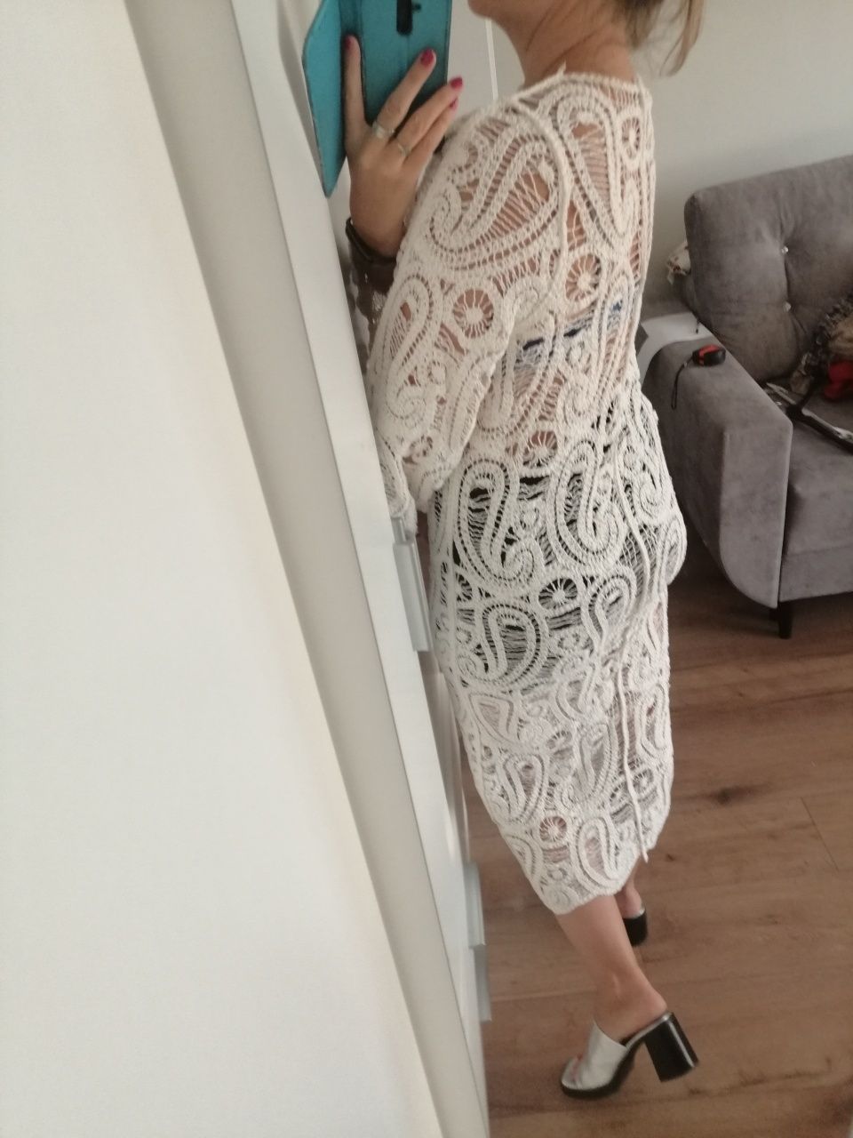Kardigan sukienka narzutka biały na guziki koronka gipiura boho m l xl