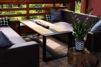 Drewniana ława kawowa ogrodowa na taras z metalową nogą dębowa