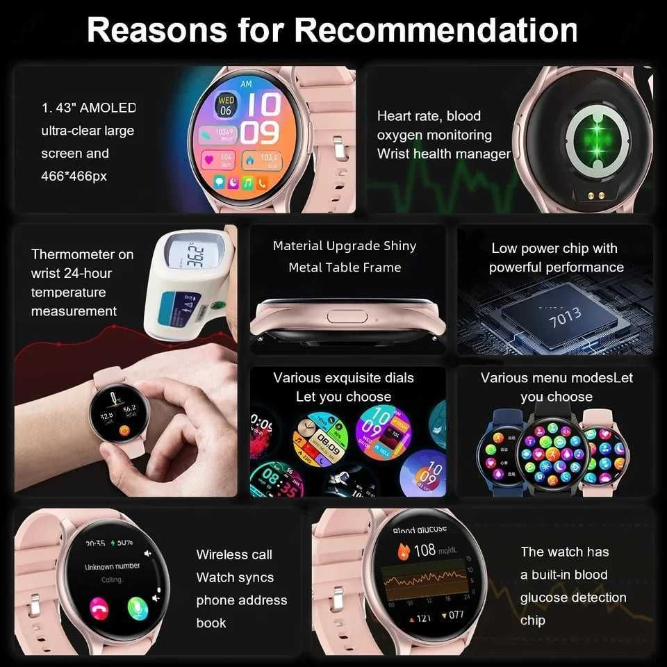 SmartWatch ZW60 1,43 AMOLED monitor serca, cukru i temperatury.
