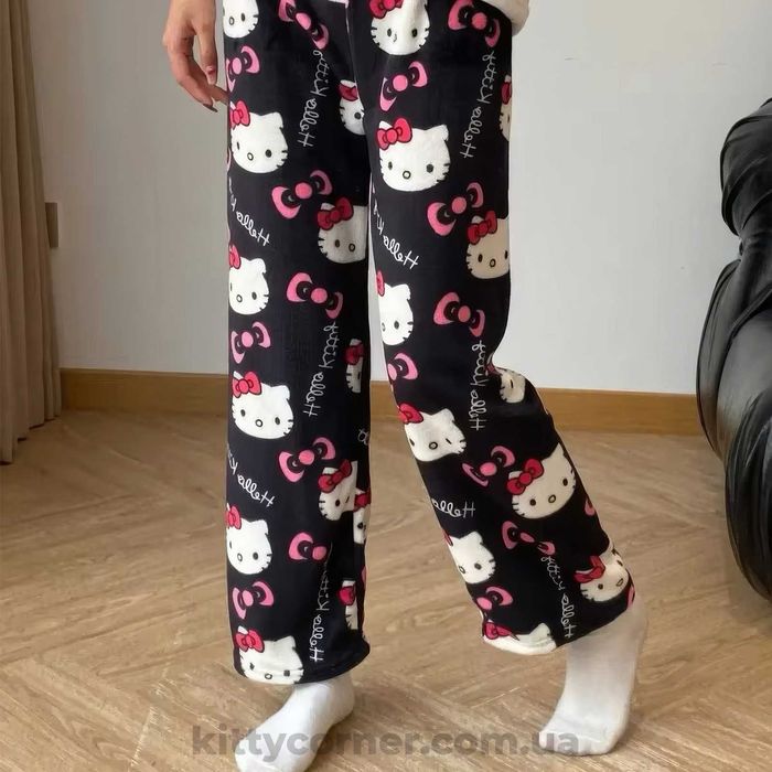 Штани hello kitty хелоу кітті/плюшеві/піжамні штани чорного кольору