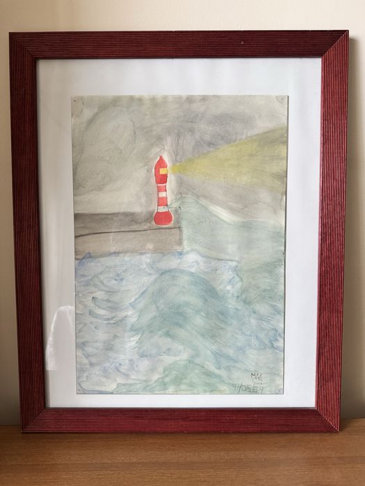 Quadro Pintado à Mão – Farol no Mar - Aquarela emoldurada