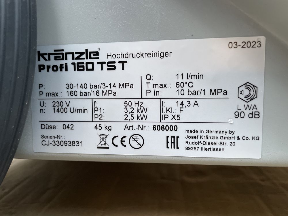 KRANZLE PROFI 160 TST myjka ciśnieniowa Seria Profesjonalna NOWA!