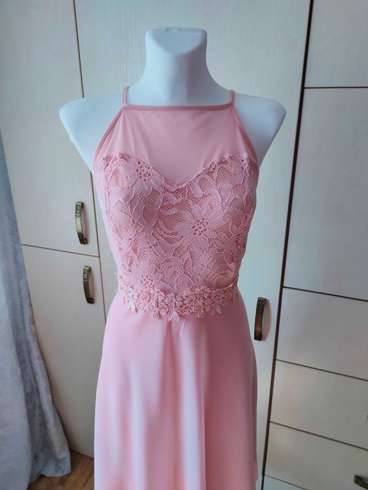 NOWA pastelowo-różowa szyfonowa sukienka z koronką r. 40/42 Bodyflirt