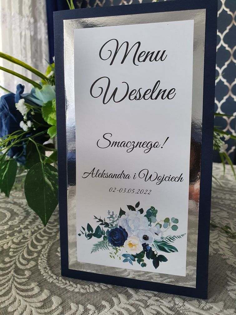 Menu weselne, chrzciny, komunia granat srebro lustro kolory