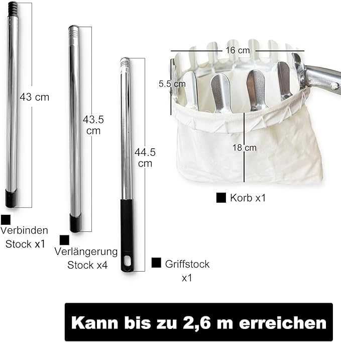 Zbierak do owoców teleskopowy 2,6 m ze stalowym trzonkiem i workiem