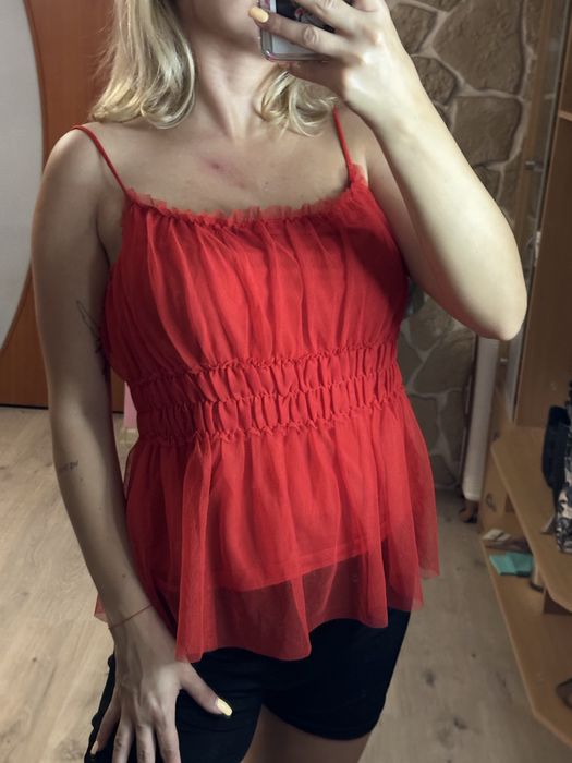 Czerwona tiulowa bluzka na ramiączkach H&M 36 S