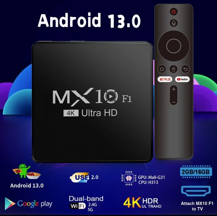 Нові Android ТБ-приставки MX10 F1 4K 5G 2/16 з пультом з голосовим