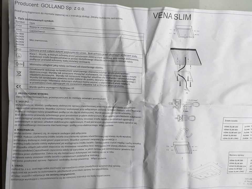 Lampa Golland VENA SLIM plafon nieużywana 2szt.