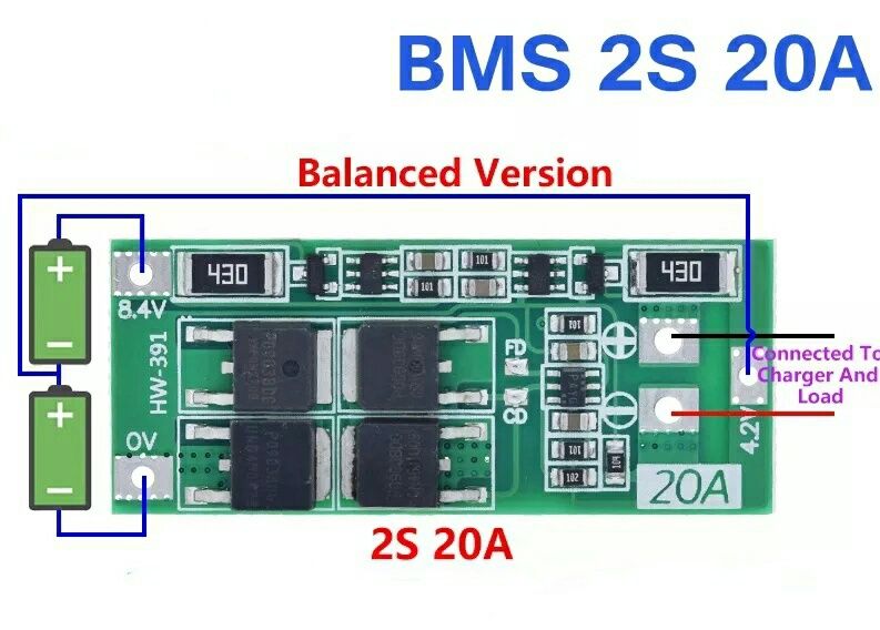 BMS 2S 8,4V 20A Контроллер Плата защиты, заряда БМС 2S 20A с баланс.