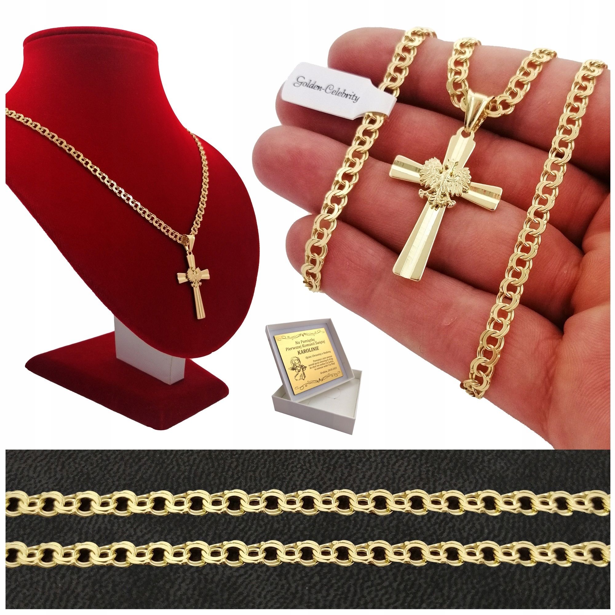 Elegancki Złoty Łańcuszek + Zawieszka Krzyż 925/585 Na Chrzest + Grawe