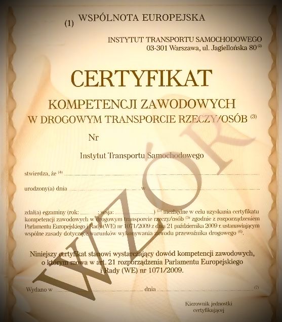 Certyfikat kompetencji zawodowych licencja rzeczy /osob/ spedycja