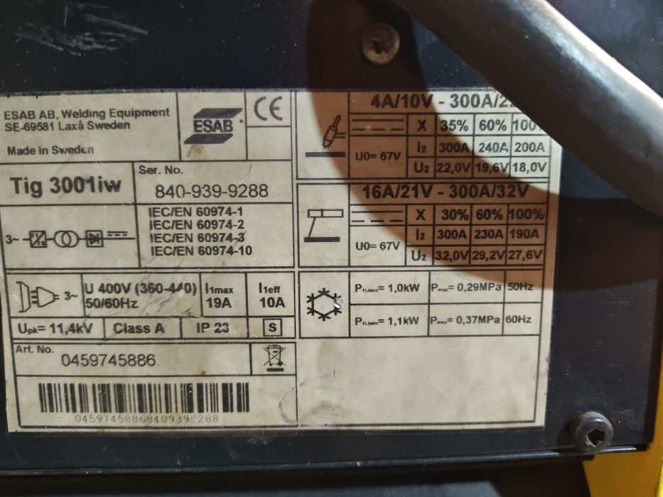 Tig ESAB 3001 iw Puls. Uchwyt  Parker chłodzony