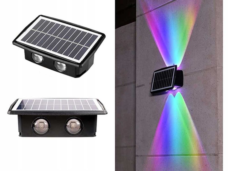 2x Lampa Solarna LED RGB Kolor Góra Dół Czujnik Ruchu Zmierzchu CREE