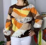 Sweter patchwork rękodzieło handmade unikat wiosna jesień na drutach