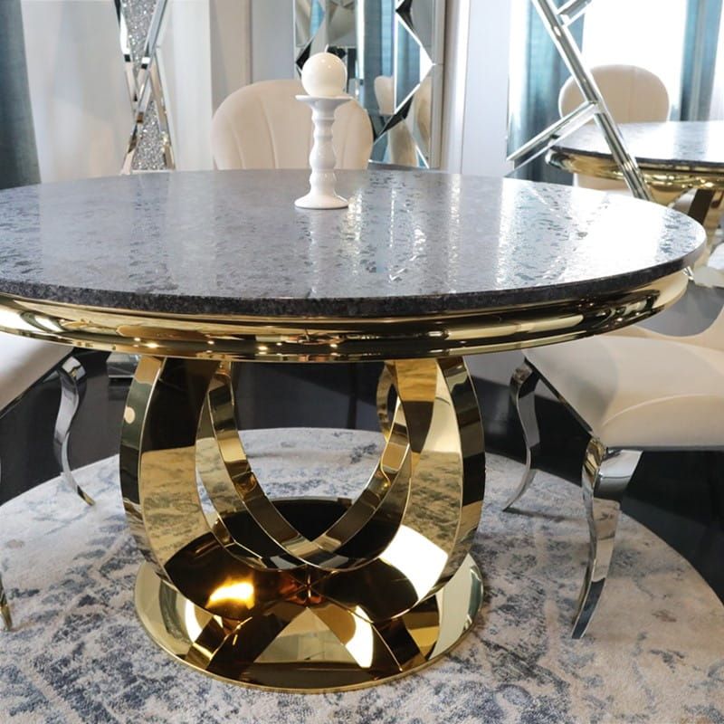 Złoty stół glamour Dallas Gold okrągły stal blat kamienny nowoczesny