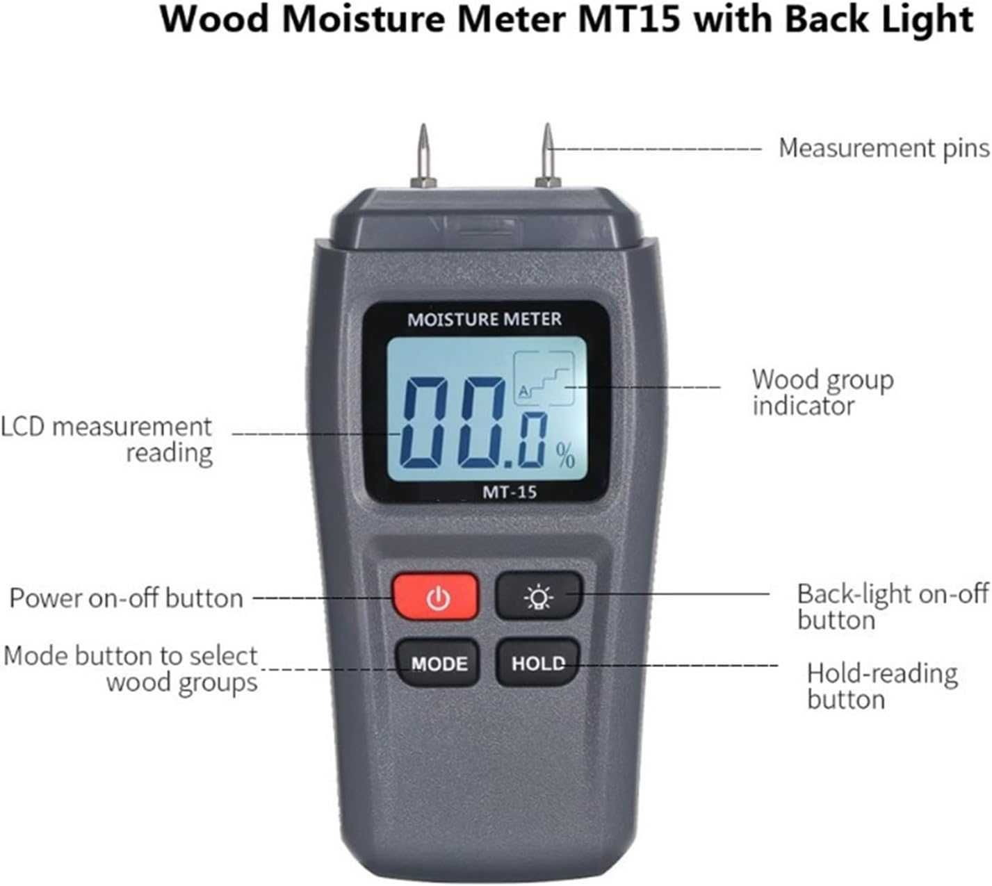 Medidor de Humidade Digital MT15 para Madeira LCD com Luz *NOVO*