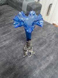 Wazon XIX kwiatek niebieski wazonik Plater Szkło Barwione srebrzony